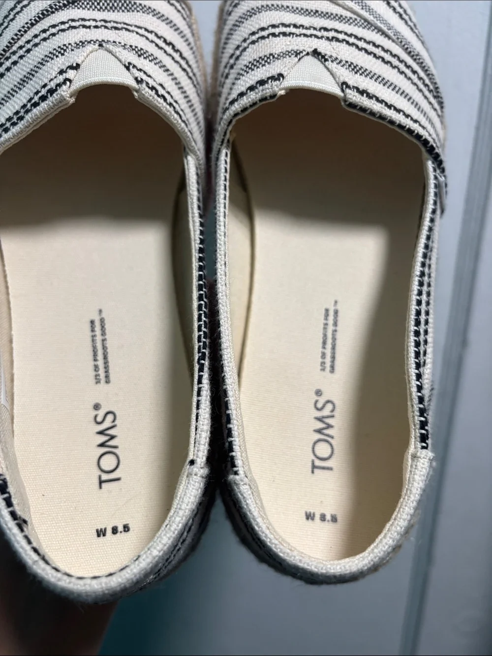 Toms Women’s Cream and Black Striped Canvas Espadrilles